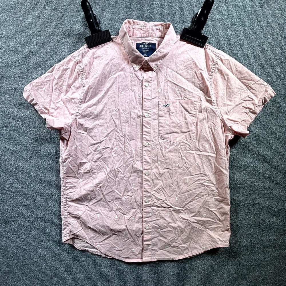 Hollister Epic Flex Shirt Men XL Pink Palm Tree Button Front Short Sleeve Casual